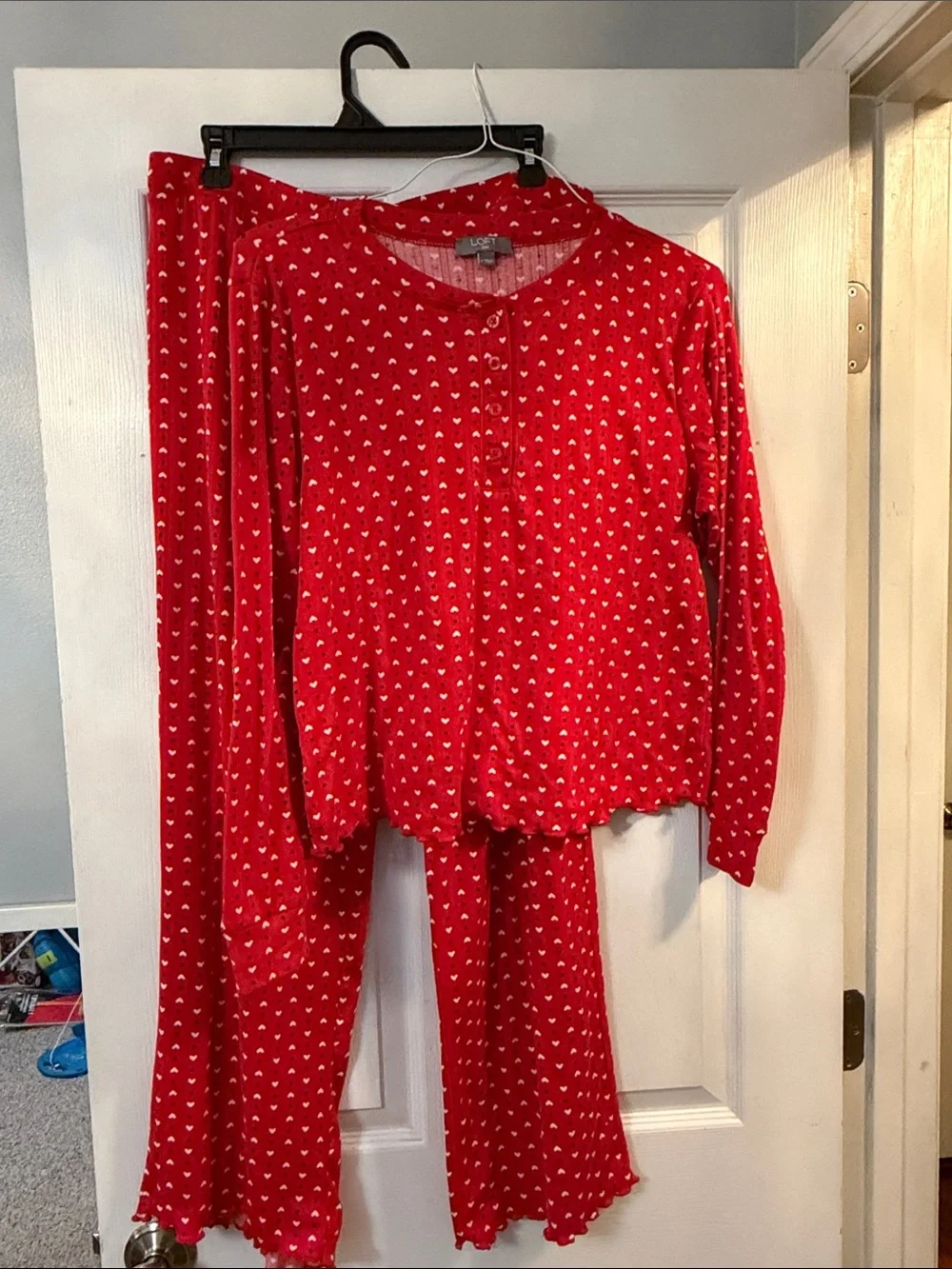 LOFT Red Heart-Print 2-Piece Henley Pointelle Pajama Set